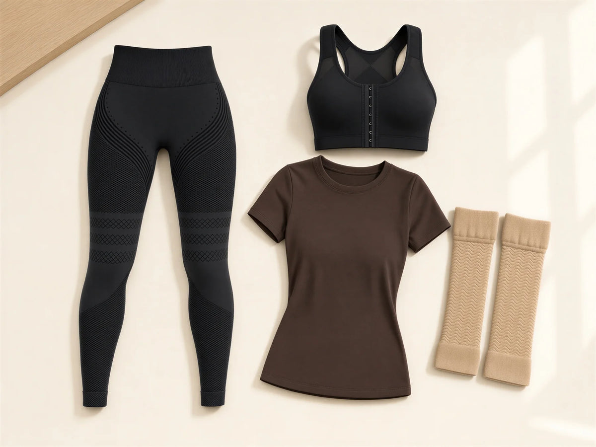 The black legging, black wireless bra, coffee top and beige arm sleeves laid out together