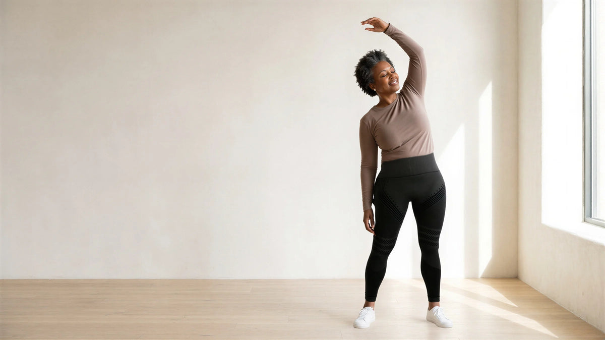 A woman in black Fairhold leggings doing a gentle side stretch in a sunlit studio